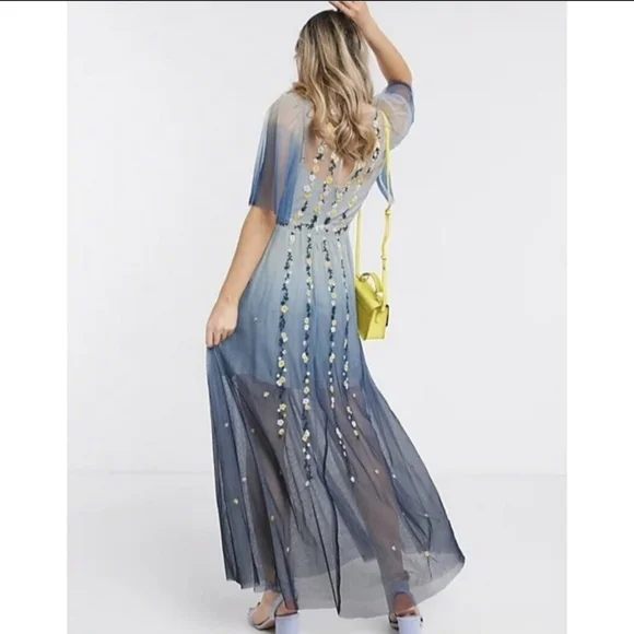 French Connection Blue Ombre Gauze Floral Embroidered Flutter Sleeve Maxi Dress - Picture 2 of 8
